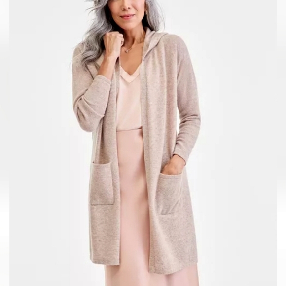 Charter Club Luxury 100% 2-PLY Cashmere Open Front Hooded Cardigan